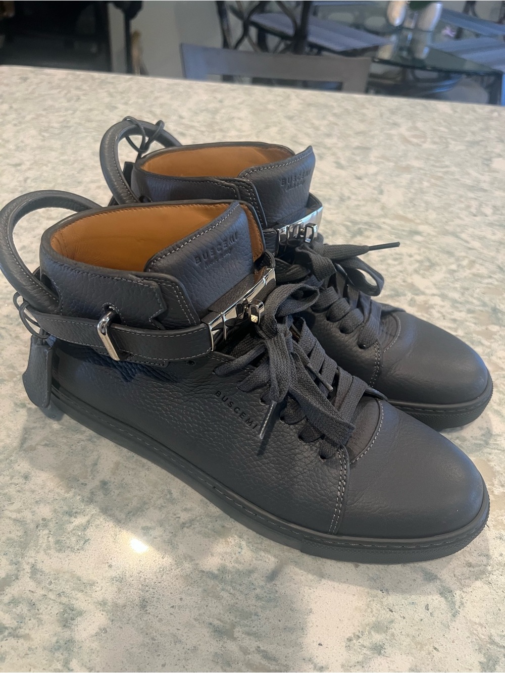 Buscemi Men's Gray Leather High-Top Sneakers with Signature Strap